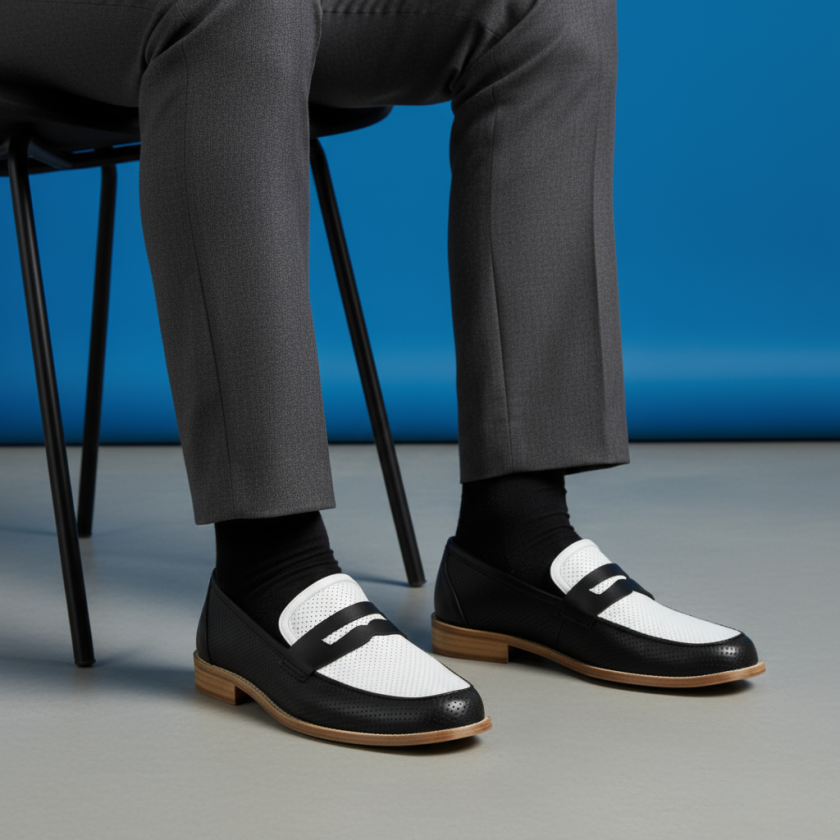 Schwarz-weiße Loafer zum Swingtanzen...